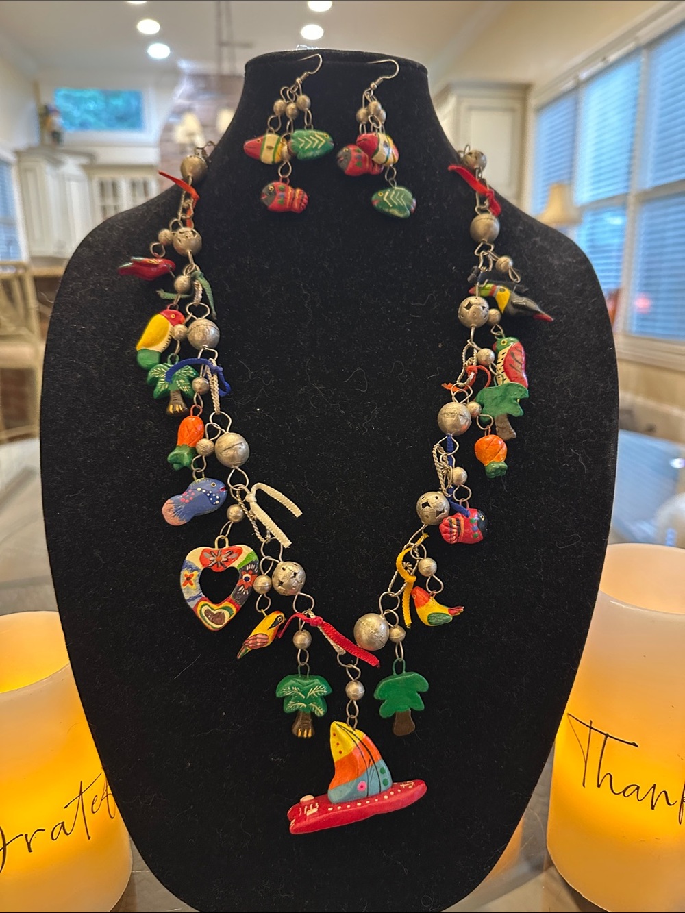 Colorful  Hand Carved & Painted Multicharm Necklace & Earring Set
